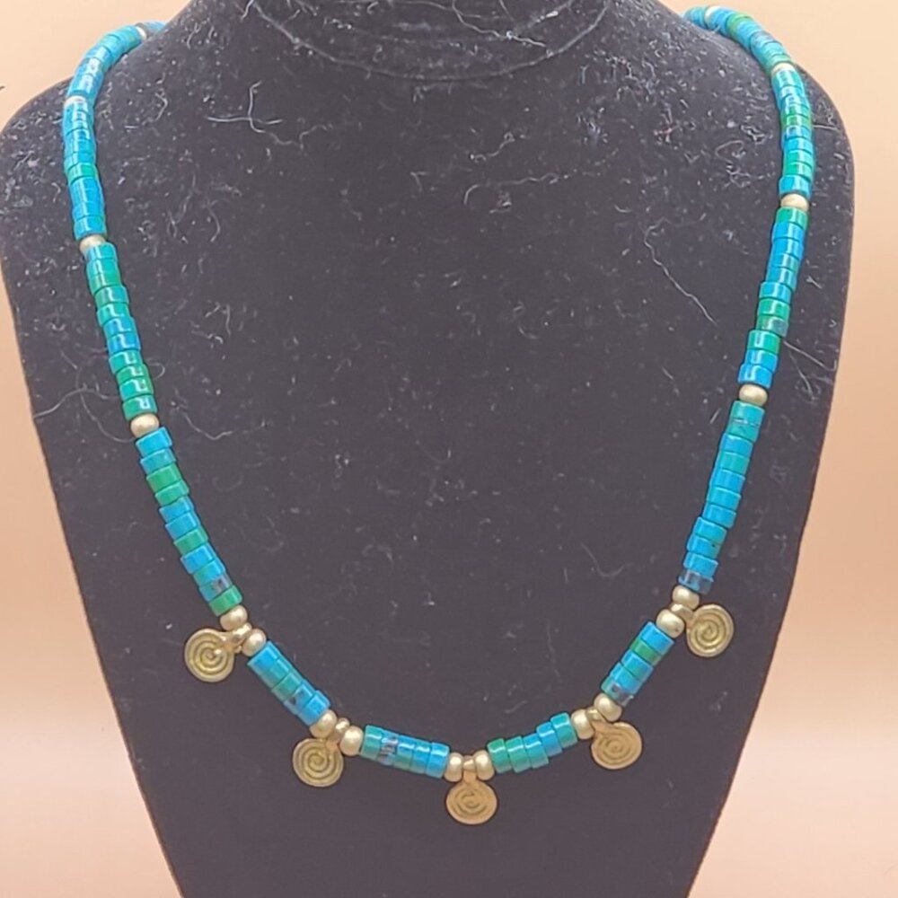 Azurite and Brass Spiral Charm Necklace